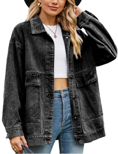 MINTLIMIT Denim Jackets for Women Long Sleeve Oversized Button Up Denim Coat Casual Jean Jacket Coat with Pockets, Black