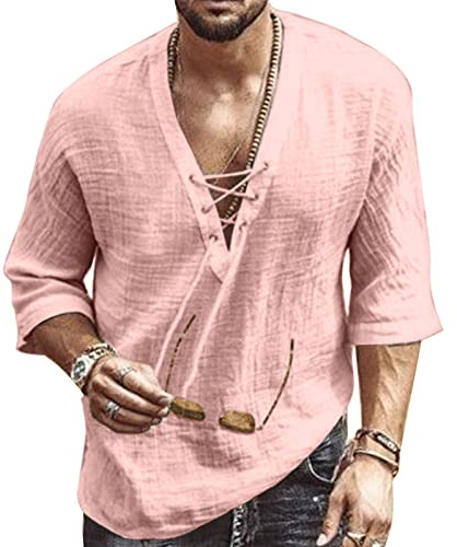 Camisas de lino para hombre, manga corta, cuello en V, cordón ajustable, de algodón, estilo Henley, informal, para playa, yoga