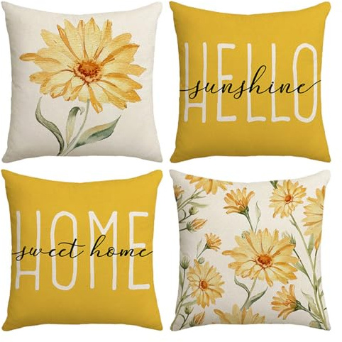Auriselle Juego 4 Fundas de cojín Lino 45 x 45 cm, Funda sofá Decorativo Moderno, Estampado Floral, Funda de cojín Decorativo Estampada, salón, Dormitorio, Cremallera Invisible, Amarillo