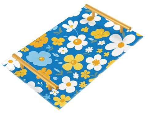 Bandejas decorativas de plástico con asas de dibujos animados de flores amarillas blancas y amarillas con fondo azul, bandeja de servicio de habitación para joyas, perfumes, fiestas, servir charola