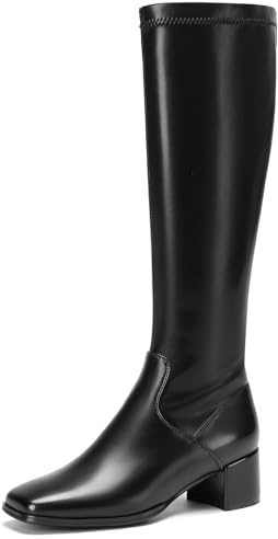 Cozivwaiy Knee High Black Boots for Women Square Toe Stretch Boots Tall Boot Pu Leather Comfortable Low Heel Dress Shoes Half Zipper Size 9.5