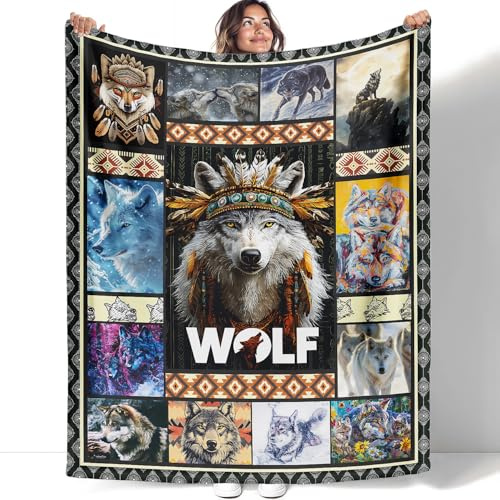XSMEI Wolf Throw Blanket, Wild Animal Tribal Design, Soft Cozy Fleece Blanket for Couch Bed, 60 x 80 Inches