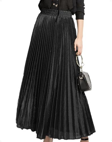 EMOTTOS Otoño Invierno Falda Larga Mujer Plisada Metálica, Falda Maxi con Cintura Alta Elástica, Estilo Tono A Elegante Brillante para Oficina, Boda y Fiesta, Negro, Talla Única