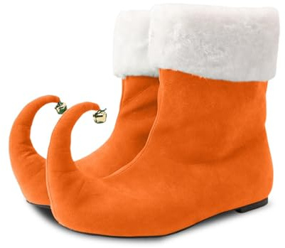 Zapatos de elfo de Navidad Botas rojas para adultos, hombres y mujeres, zapatos festivos divertidos con campanas de Navidad, decoraciones navideñas, cosplay, disfraces, zapatos de enano, naranja, 42