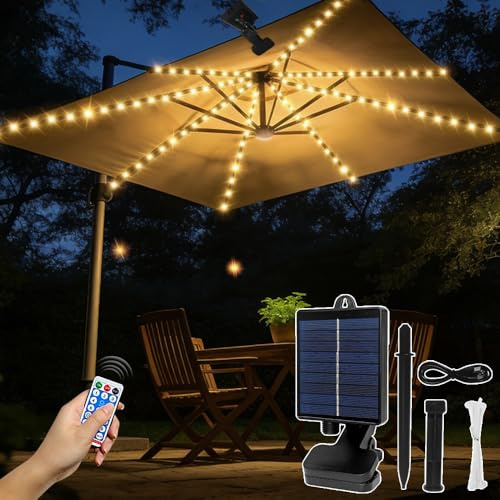 HuaMuDM Lámpara Solar para Sombrilla,Luz Solar Sombrilla,104 LED,8 Modos,IP67 Impermeables,Con Control remoto,USB,Decoración de sombrillas,Jardines,Tiendas de Campaña