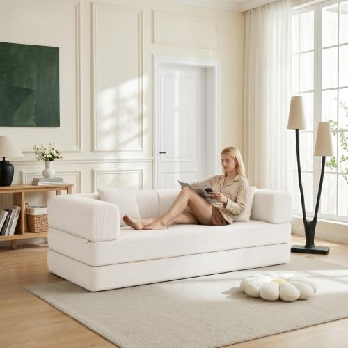 luckdect Canapé Convertible 3 Places, Canapé Lit Convertible avec Coussin Cylindrique et Cadre Métal à Forme Fixe, 2 Coussins, Canapé Lounge au Sol pour Salon,Chambre, Espace Détente ou Studio