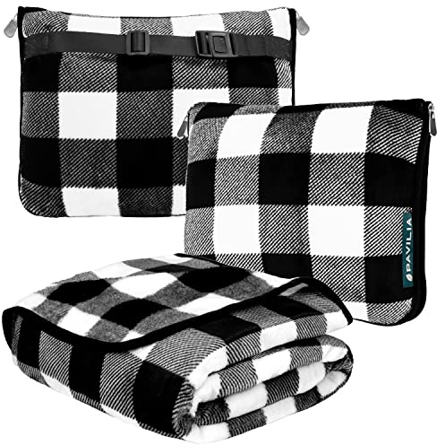 PAVILIA Cuscino per coperta da viaggio, morbida coperta per aeroplano, set combinato 2 in 1, coperta per aereo compatta, cuscino essenziale per il volo, accessori regalo per viaggiatori, tracolla per