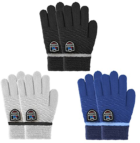 Migliore Wear 3 par stickhandskar för barn, Grå + blå + svart, 6-10 År