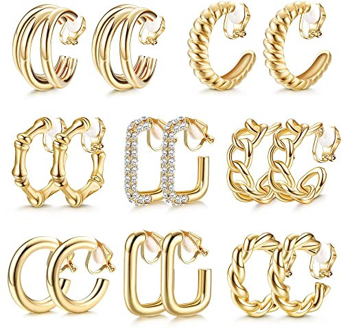 Morfetto Gold Clip Auf Creolen für Frauen - Mode Clip auf Ohrringen mit Twist Runde Geometrische klobige Creolen Ohne Piercing Gefälschte Ohrringe