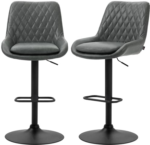 HOMCOM Breakfast Bar Stools Set of 2 with 51x40cm Wide Seat, Height Adjustable Kitchen Counter Chairs, Retro Swivel Upholstered Barstools with Back, Footrest and Steel Base, Dark Grey