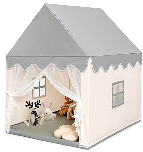 COSTWAY Casa de Muñecas para Niños, Casita con Tienda Resistente, Estructura de Sólida Madera y Alfombrilla de Algodón, Casa con Tienda Puerta y Ventana, Castillo Juguete para Niños (Beige)