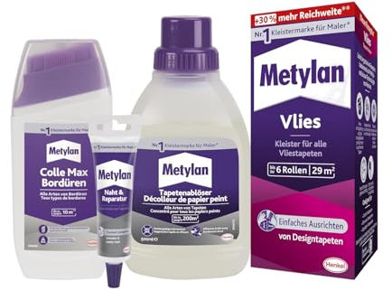 Metylan Vlies, Tapetenkleister (1x180g) & Metylan Bordüren Klebstoff (1x250g) & Metylan Naht- und Reparaturkleber (1x60g) & Metylan Tapetenablöser Aktiv-Konzentrat (1x0,5l)