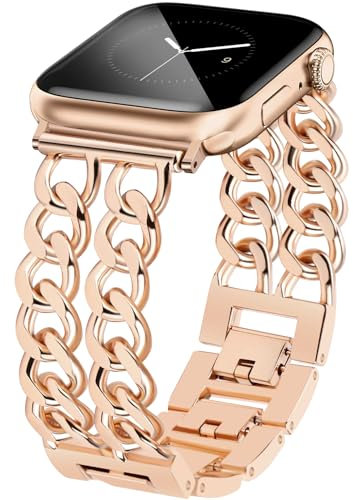 JR.DM Metall Band Roségold Kompatibel mit Apple Watch Armband 38mm 40mm 41mm 42mm 44mm 45mm 46mm, Doppelketten Elegant Damen Gliederarmband Ersatz für iWatch Series 10/9/8/7/6/5/4/3/2/1/SE/Ultra