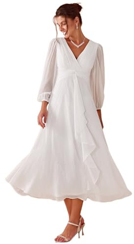 Ever-Pretty Vestito Elegante Donna Cerimonia Manica Lunga Collo A V Gonna Midi Abito da Sera Bianco Crema 52