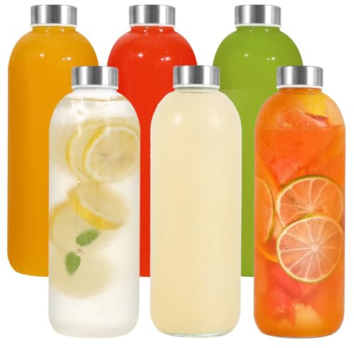 LIMILI Glass Bottles with Lids, Water Bottles with Stainless Steel Lids, Leak Proof Reusable Drinking Bottles for Hot Cold Drinks Work Gym Home (6pcs 1000ML)