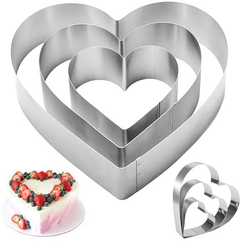 Ulsam 3-Pack Stainless Steel Cake Mold Set - Heart Shaped Tart & Crumpet Rings, 4/6/8 inch