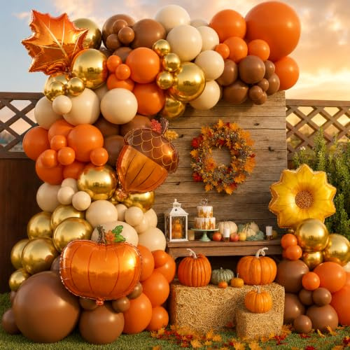 Autumn Party Decoration Balloon Arch Kit, Orange Burgundy Brown Beige White Balloons with Maple Leaves Pumpkin Foil Balloons Garland for Thanksgiving Harvest Fall Birthday Baby Shower Decor Supplies