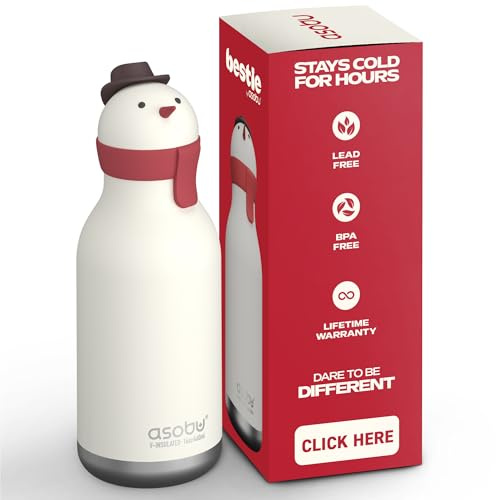 ASOBU Bestie Kindertrinkflasche mit Strohhalm – Isolierte Edelstahlflasche 420ml mit Schneemannkopf – Auslaufsicher & BPA-frei