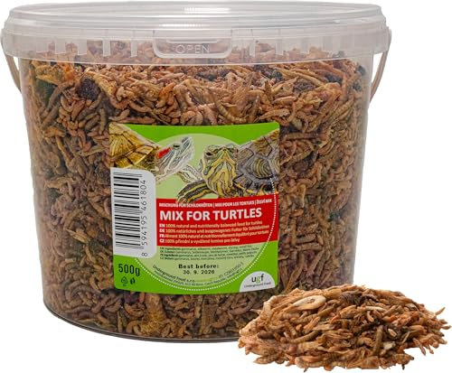 UGF - Universal Schildkröten Futter Mix, 3 Liter Eimer ≈ 500g, Ausgewogenes Schildkrötenfutter, Gammarus, Seidenraupen, Mehlwürmer, Garnelen und getrockneter Fisch, Wasserschildkröten Futter
