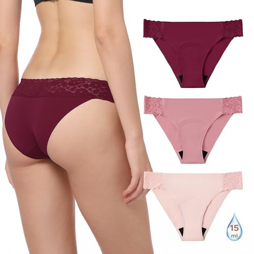 OEIOEI Pantalones de época con ribete de encaje ligero, ropa interior menstrual de tiro bajo, a prueba de fugas, paquete de 3, Borgoña/rosa/rosa pálido, M