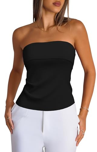 Arach&Cloz Women's Silk Blend Tube Tops Summer Ruched Strapless Off Shoulder Top Bandeau Sexy Trendy Going Out Outfits Black L