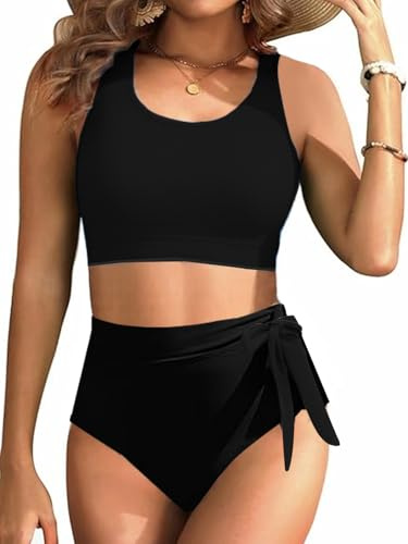 Rayson Maillots de Bain 2 Pièces Femme Taille Haute Bikini Laçage Latéral Sexy sans Dos Élégant à Col Rond（Noir,L）