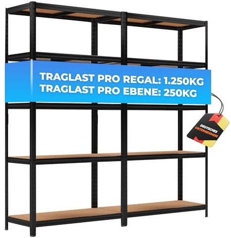 ALL Premium Schwerlastregal 180x90x40cm - 2er Set Schwarz 1250kg Traglast stabiles Kellerregal Metall, Lagerregal & Vorratsregal ideale Regale für kellerraum, Regal Keller & abstellraum Regal