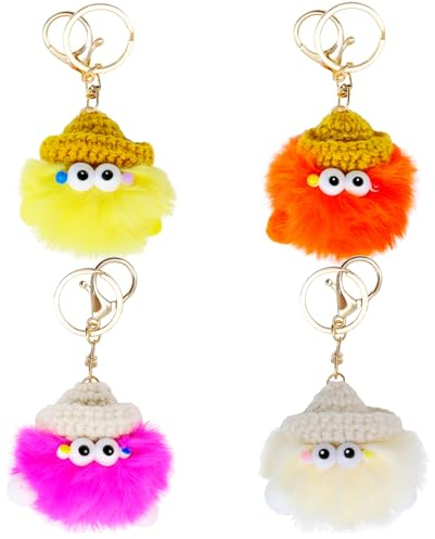 Fahibin 4 Pièces Adorable Porte-clés en Peluche, Porte-Clés en Pompon Animal Mignon,Porte-clés peluche douce et mignonne,Pour décorer les clés ou le sac à dos