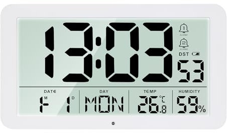 Seutgjie Seugjie Large Digital Wall Clock 9-inch Desk Clock Digital with Seconds Date Week Temperature Humidity Display DST Function Dual Alarm Snooze Mode 12/24-hour Format