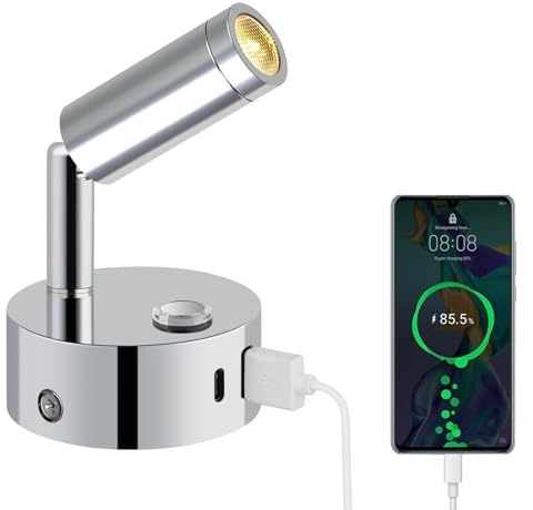 ERWEY 12V läslampa husbil, LED-vägglampa sänglampa med strömbrytare dimbar 3000K-6000K, DC 12V-24V spotbelysning för husbil med USB A + C-anslutningar för båt, husbil och husvagn, silver