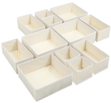Pafeooui 12 Pack Linen Drawer Organizer Set – Collapsible Fabric Storage Bins for Baby Clothes, Diapers, Socks, Bras & More (Beige, 3 Sizes)