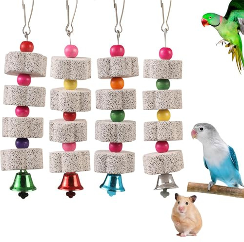 Nucalt 4pcs Pietra di Calcio per Pappagalli Becco di Macina per Uccelli Becco di Seppia per Macinare la Pietra Giocattoli da Appendere con Campana per Pappagalli di Piccoli Animali
