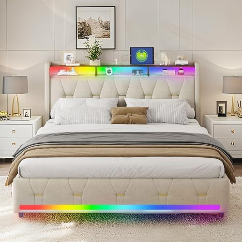 XMETPR Lit Double Capitonné Beige, 160x200 cm, avec 4 tiroirs, éclairage LED, tête de lit avec Rangement, Station de Chargement Type-C/USB, Lattes en Bois, Tissu en Lin.