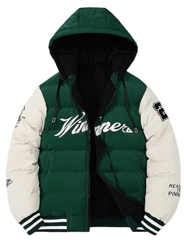 Generisch Veste d'hiver pour homme de style universitaire - Veste bomber matelassée avec capuche - Veste mi-saison matelassée avec manches contrastées