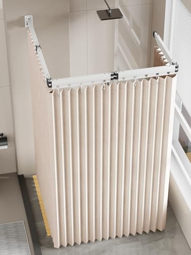 PEESHON Barra Cortina Ducha Sin Taladrar, Plegable 2m, con Cortina de Ducha 1,8×2m, Varilla 5 Pliegues y Barra Telescópica 25,5cm, para Baño, Vestuarios, Vehículos Recreativos (Blanco)