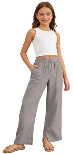 Pantalon d'été décontracté en lin pour filles - Coupe confortable et décontractée - Jambe large - Léger - À enfiler - Mélange de lin - Pantalon d'été décontracté et léger, gris, 11-12 ans