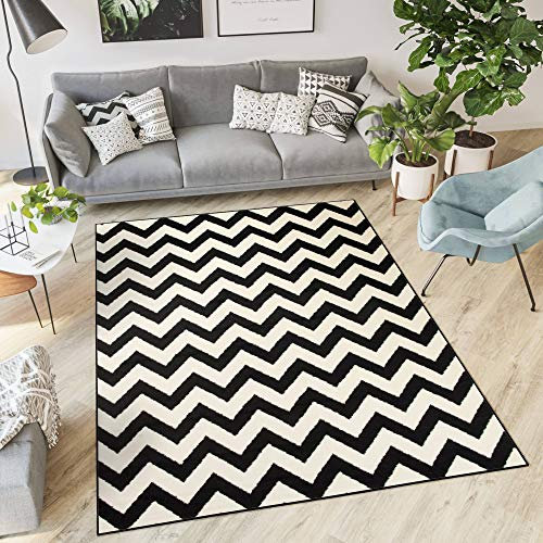 TAPISO Dream Teppich Wohnzimmer Modern Kurzflor Weiß Schwarz Geometrisch Zig Zag Streifen Gestreift Schlafzimmer ÖKOTEX 220 x 300 cm