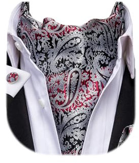 Dubulle Herren-Krawatte mit Paisleymuster, Blumenmuster, zum Selbstbinden, Krawatte und Einstecktuch, Manschettenknöpfe, Hochzeit, Schwarz, Medium