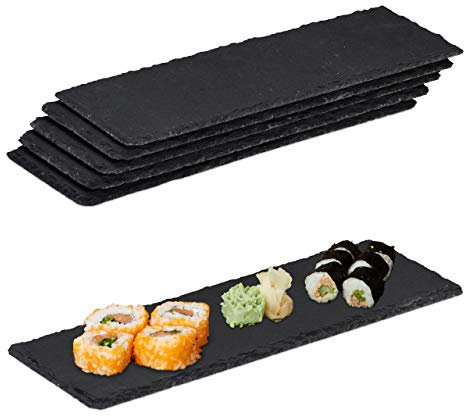Relaxdays Assiette en ardoise, lot de 6, planches longues en ardoise, pour servir et écrire, 30x10 cm, anthracite