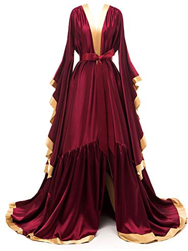 yinyyinhs Bridal Robe for Women Long Silk Satin Bridesmaid Wedding Robe Nightgown Bathrobe Sleepwear Maternity Photoshoot Robe Burgundy-Gold Size S-M