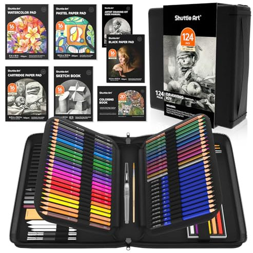 Shuttle Art Zeichenset, 124 teiliges Malset, Künstler Set, mit Buntstifte, Zeichenstifte, Aquarellstifte und Graphitstifte in einem Federmäppchen, für Kinder, Erwachsene zum Zeichnen geeignet
