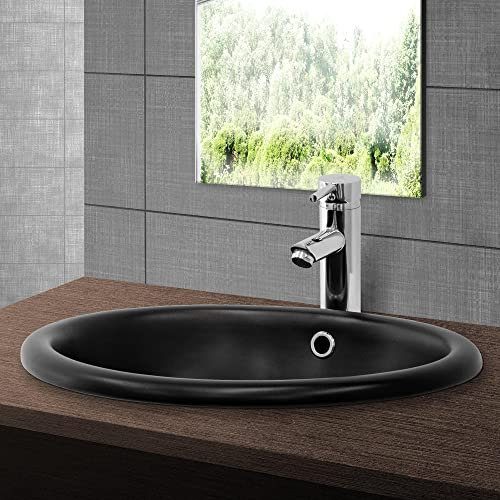 ML-Design Lavabo en Céramique Noir Mat, 49x40,5x19,5 cm, Design Ovale, Vasque á Encastré Moderne, Lavabo de Comptoir Élégant, Lavabo avec Trop Plein, Lave-Mains pour Salle de Bains/WC pour Invités
