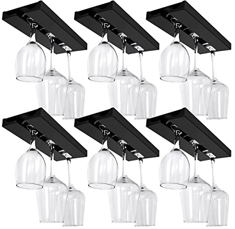 Rtteri 6 Pcs Under Cabinet Wine Glass Rack 10 x 4.3 x 0.8 Inches Plastic Holder Under Shelf Punch Free Wine Glass Hanger Hanging Stemware Rack for Kitchen Bar Cup Goblets Organizer(Black)
