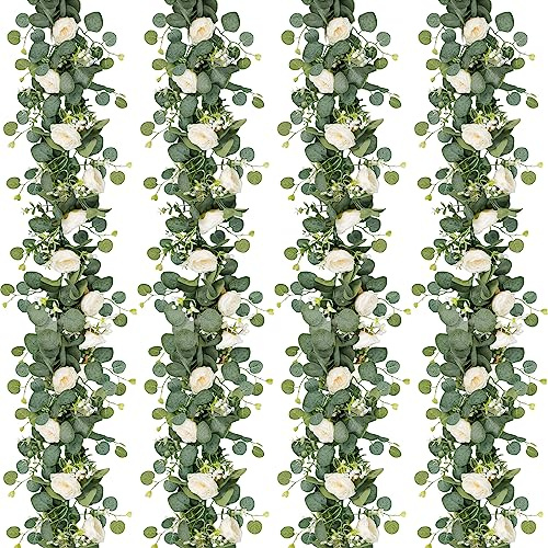 TOCHGREEN 4 Pack Artificial Eucalyptus Flower Garland with White Roses, Fake Rose Flower Greenery Garland Floral Vines for Wedding Home Party Table Runner Decor (4PCS, White)