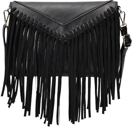 KouLi Buir Tassel Crossbody Purse for Women PU Leather Western Hobo Fringe Handbag Shoulder Bag (Black)