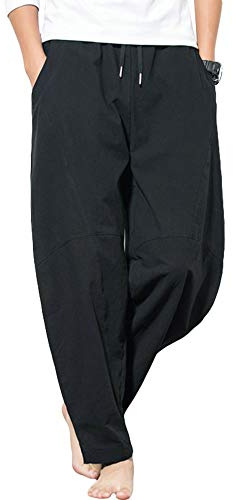 G-LIKE Pantalon sarouel pour homme, style rétro chinois, pantalon de yoga avec jambes larges pour Pilates, arts martiaux, kung fu, yoga, tai-chi, pantalon d'entraînement baggy, Noir , 34-37