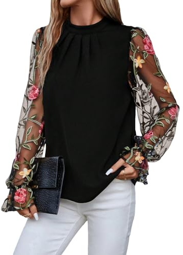 Floerns Women's Floral Embroidery Mesh Mock Neck Flare Long Sleeve Blouse Top Black L