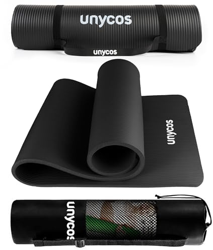 unycos - Tappetino Antiscivolo da Yoga, Pilates e Ginnastica Extra Spesso 15 mm, 183x60 cm | 72,04x23,62 Materassino Fitness, Schiuma NBR, Tracolla, Borsa (Nero)