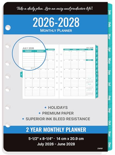 2026-2028 Monthly Planner Refill - Planner Inserts with 7-Hole Punched, 5-1/2 x 8-1/2, Runs from July 2026 to June 2028, Two Pages Per Month, Monthly Calendar with Monthly Tabs