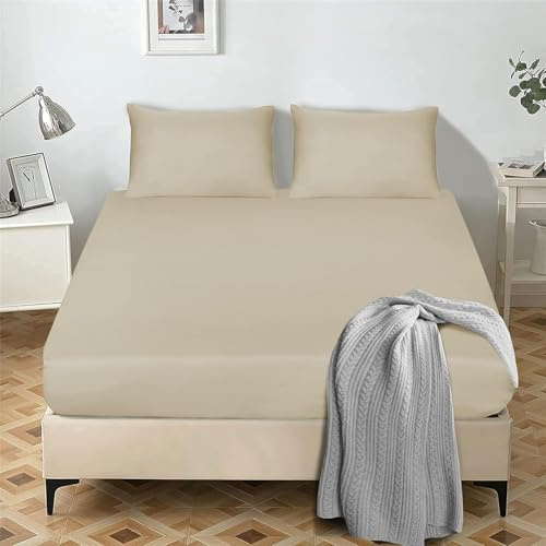 My home store Fitted Sheet 25 cm Deep Brushed Microfiber Ultra Soft No-Iron Wrinkle-Resistant Plain Dyed Fitted Bed Sheets Hypoallergenic Breathable Sheets (Beige, Super King)